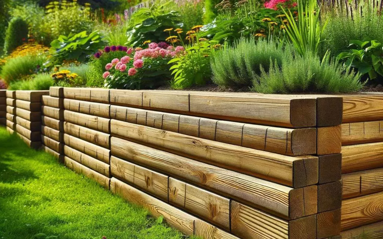 Retaining wall with railroad ties.