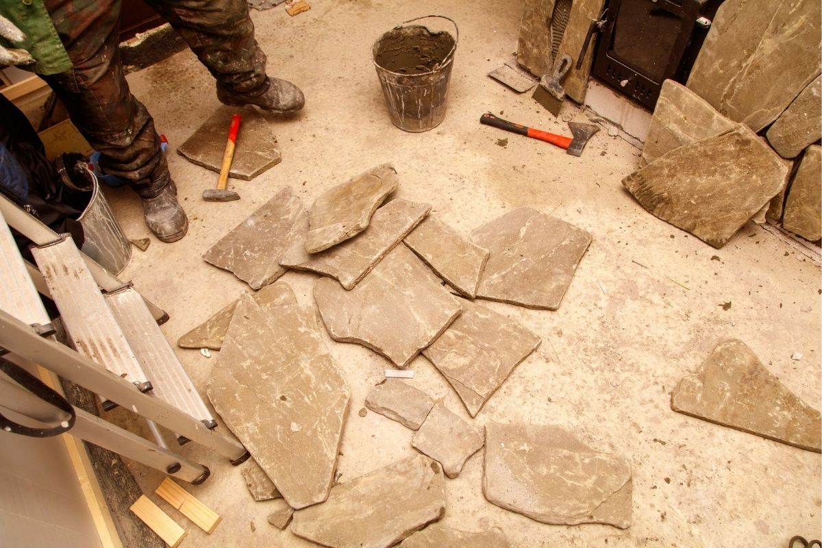 Flagstone patio installation in progress in Kitsap County