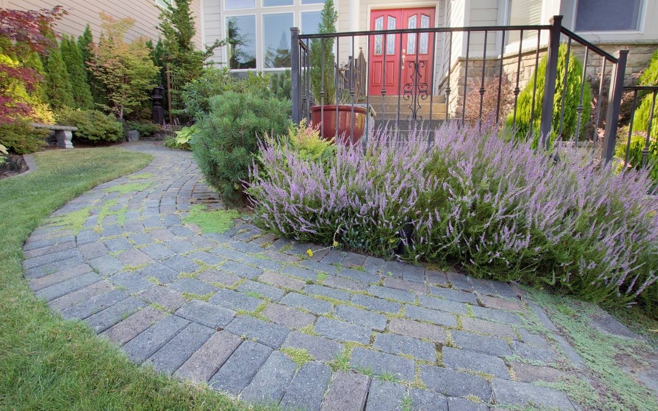 Garden bed edged with natural flagstone pieces for a rustic look