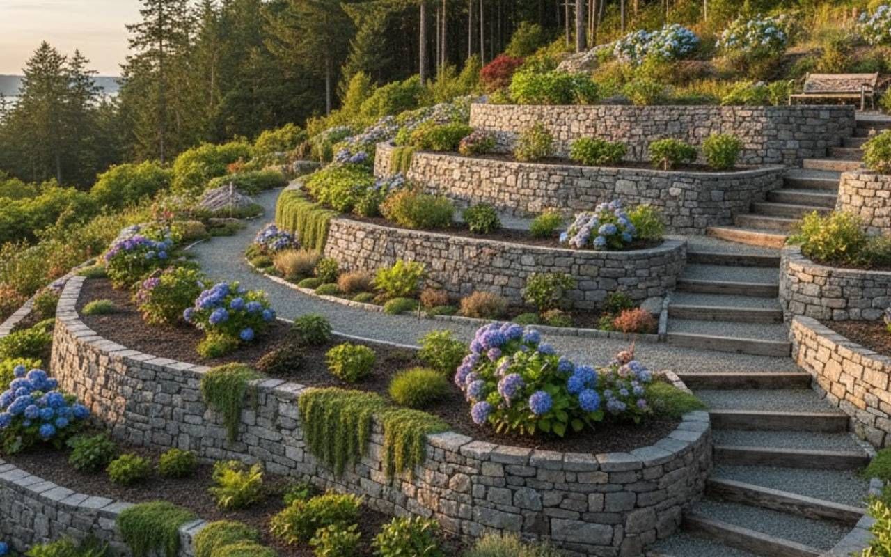 Terraced garden featuring a Retaining Wall in Kitsap County