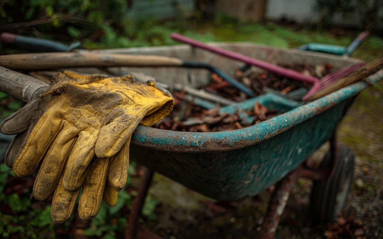Storm yard clean-up checklist in Kitsap County showing gloves, rake, shears, and wheelbarrow