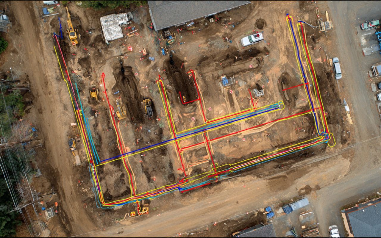 Utility trenching excavation for Kitsap site plan showing service line routes and obstacles