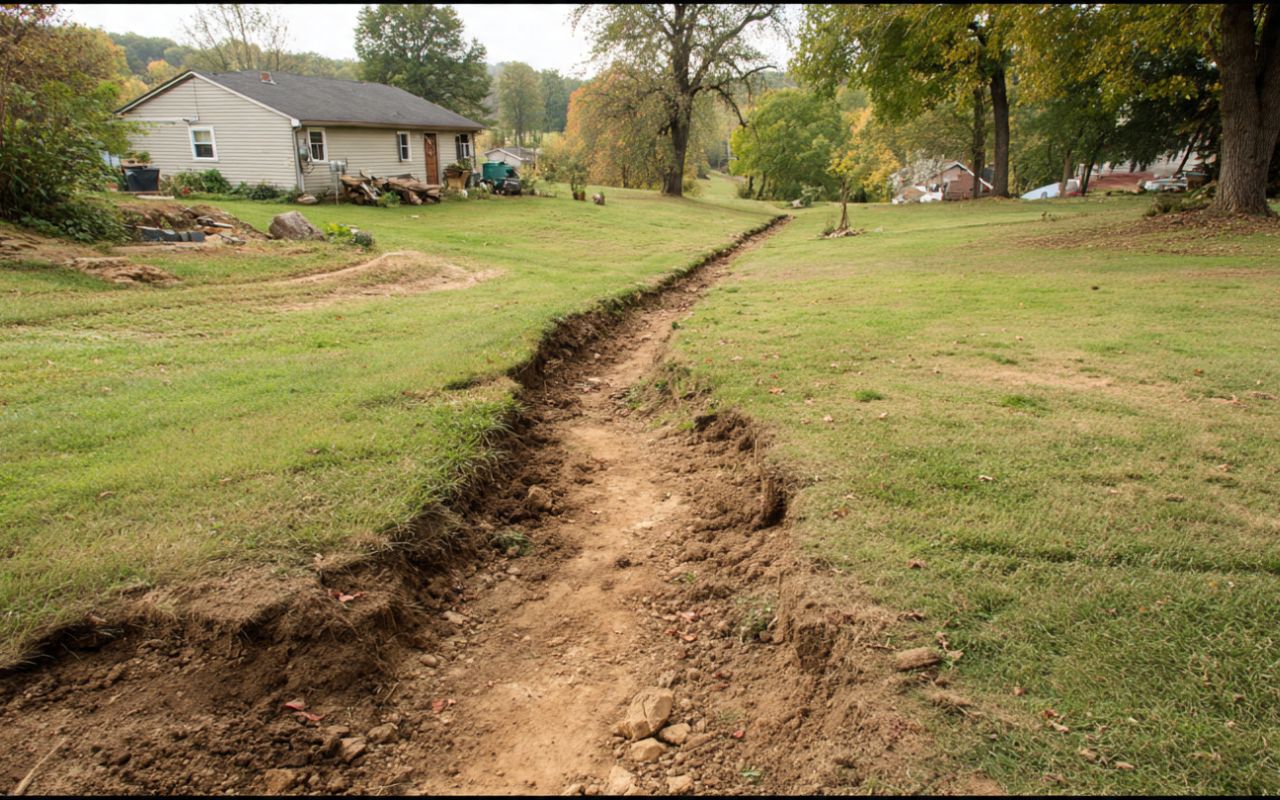 Yard grading vs French drain comparison showing slope and trench drainage paths