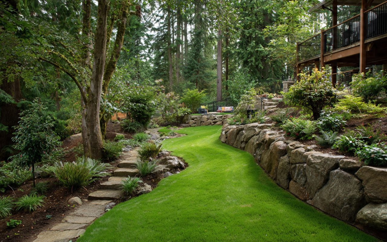erosion control options for sloped yard in Gig Harbor with a retaining wall on a steep backyard