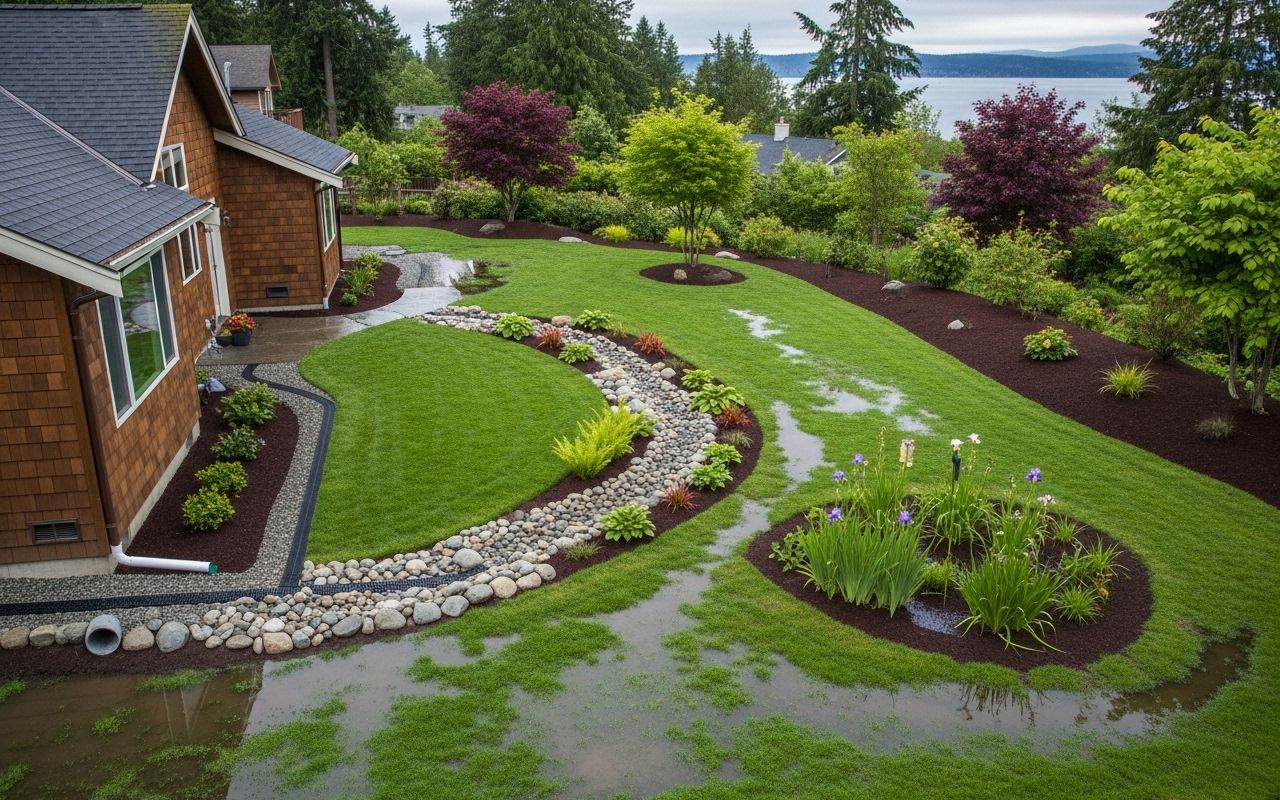 Backyard runoff control with backyard drainage solutions in Bainbridge Island