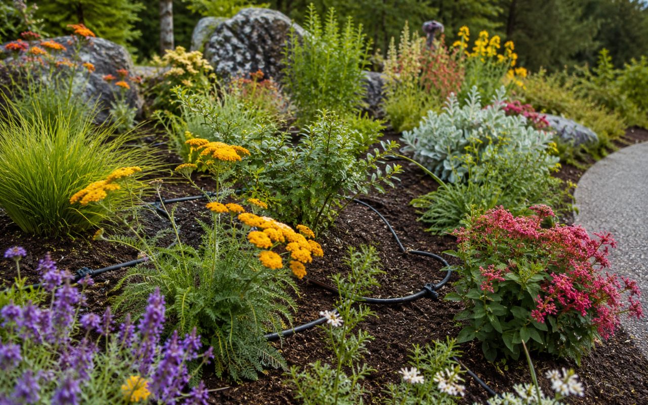Drip irrigation for flower beds in Kitsap County with healthy colorful blooms