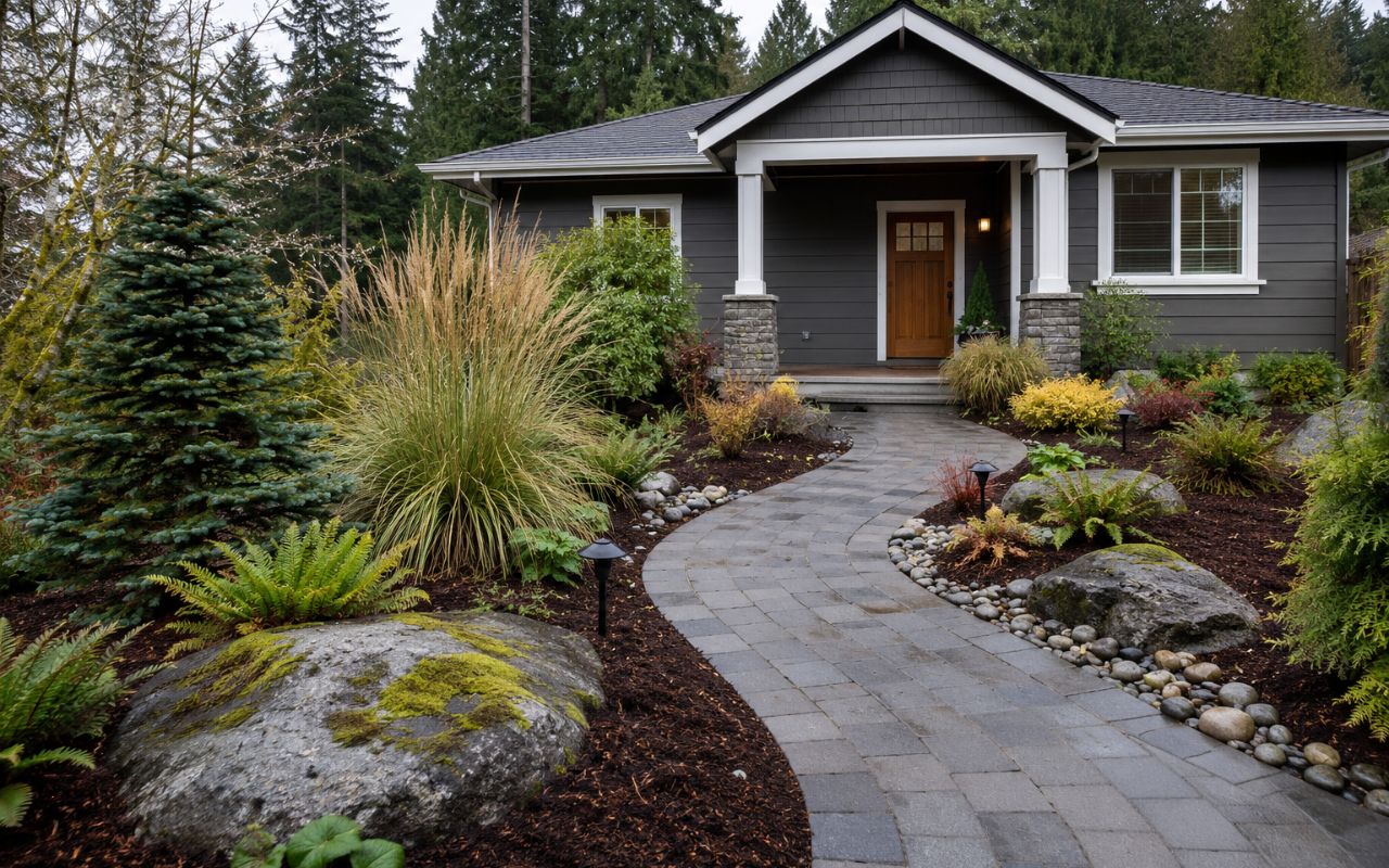 Low maintenance front yard ideas in Poulsbo with clean paths and native plants
