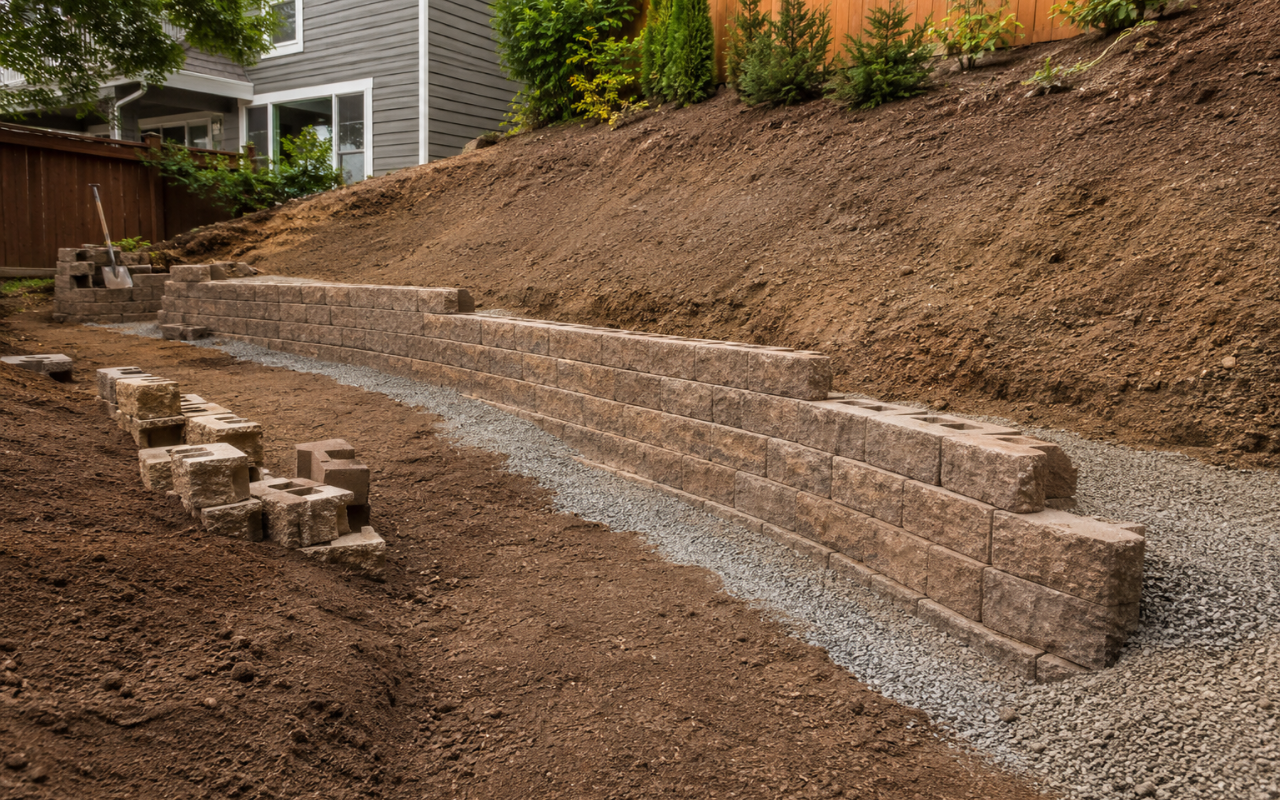 Retaining wall installation for sloped yard support