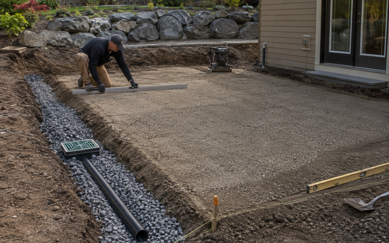 Excavation drainage prep for patios with careful site grading