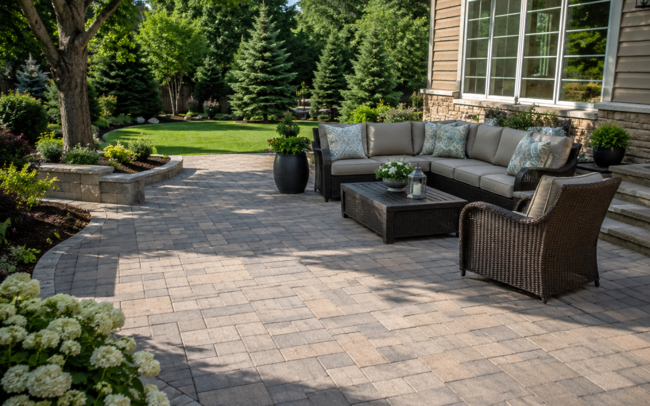 Completed paver patio installation with a comfortable backyard seating area