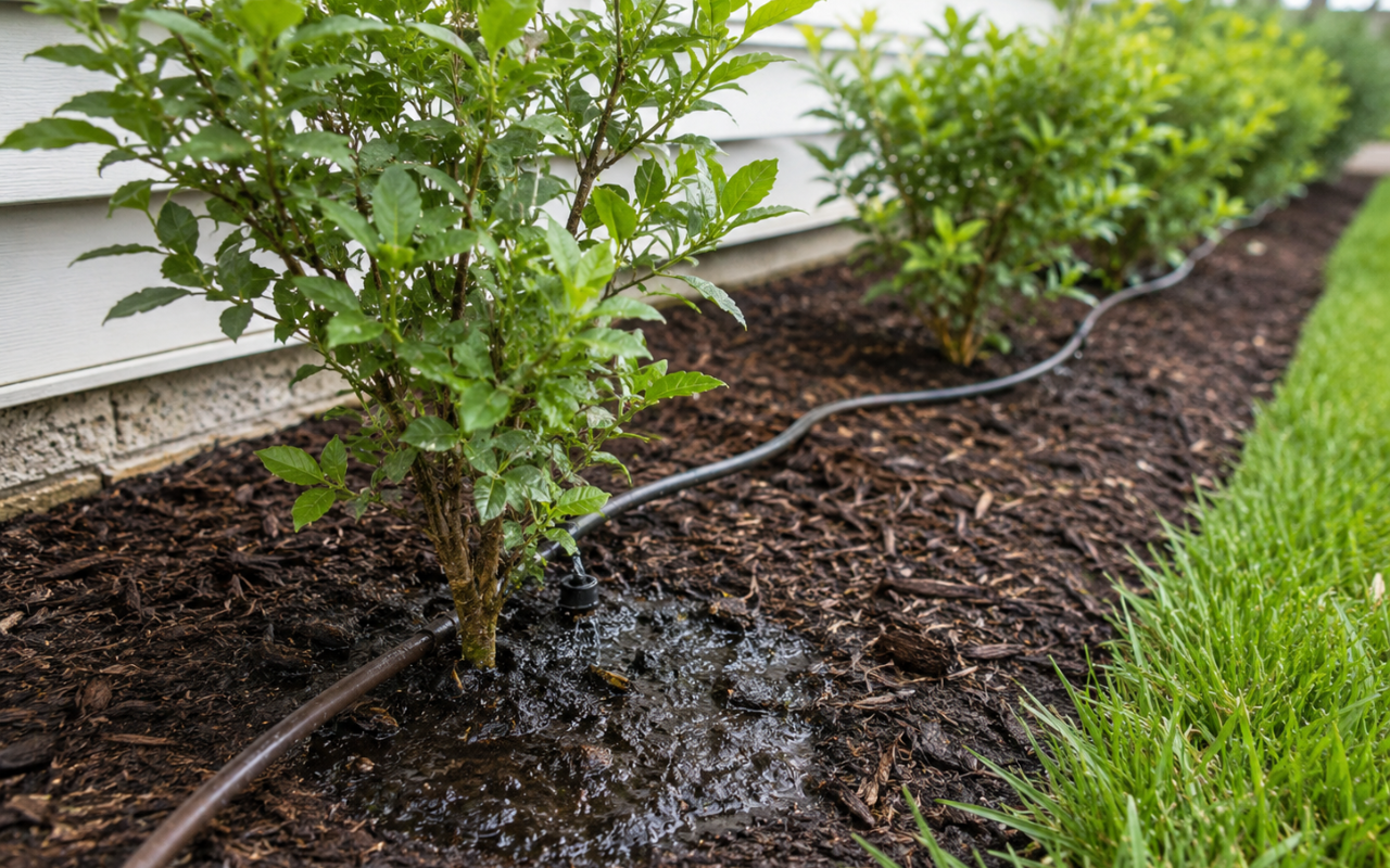 Drip irrigation for shrubs delivering water near the root zone