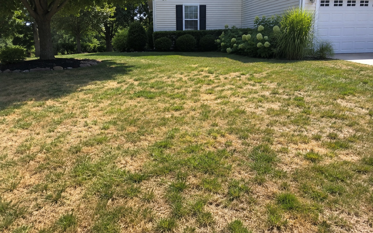 Late summer lawn stress signs showing dry and patchy grass