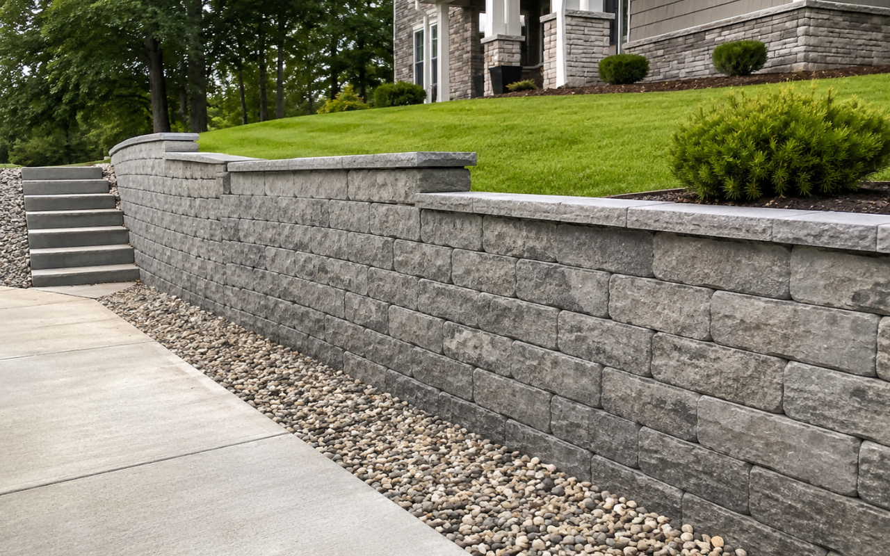 Retaining wall replacement improving safety and structure in a residential landscape